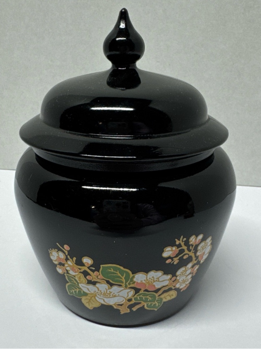 Vintage Avon Black Glass Lidded Jar Vase Oriental Cherry Blossom Floral Decor